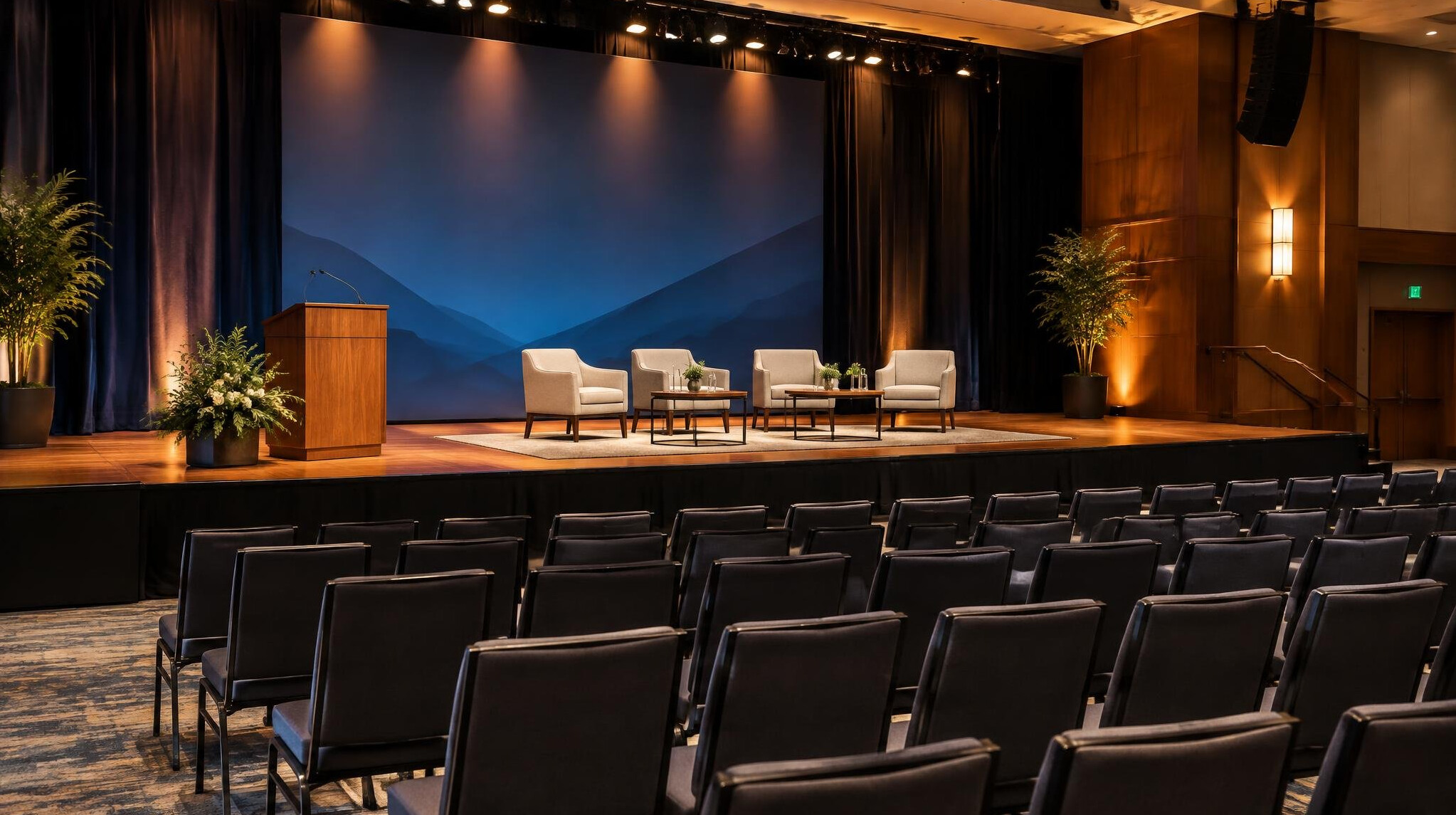 Empty conference stage with podium and rows of chairs before a leadership forum