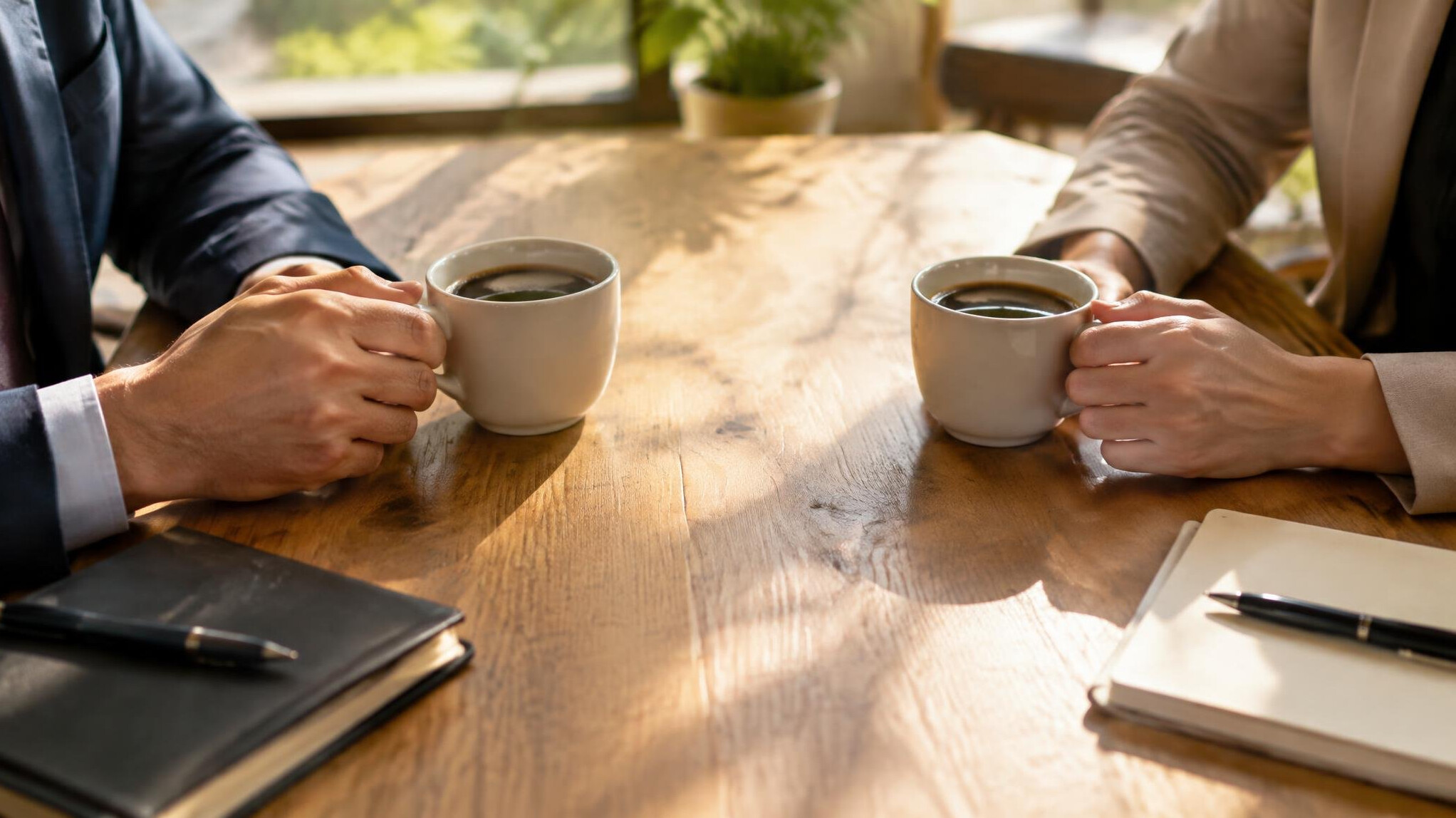 Two cups of coffee on a table symbolizing open dialogue and exchange